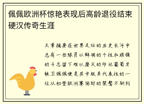 佩佩欧洲杯惊艳表现后高龄退役结束硬汉传奇生涯